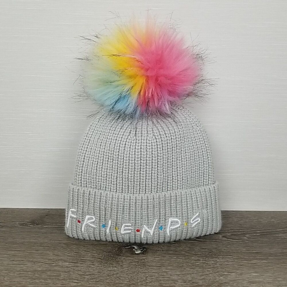 Friends Logo TV Show Winter Beanie Rainbow Pom Pom Grey Knit Hat Cap